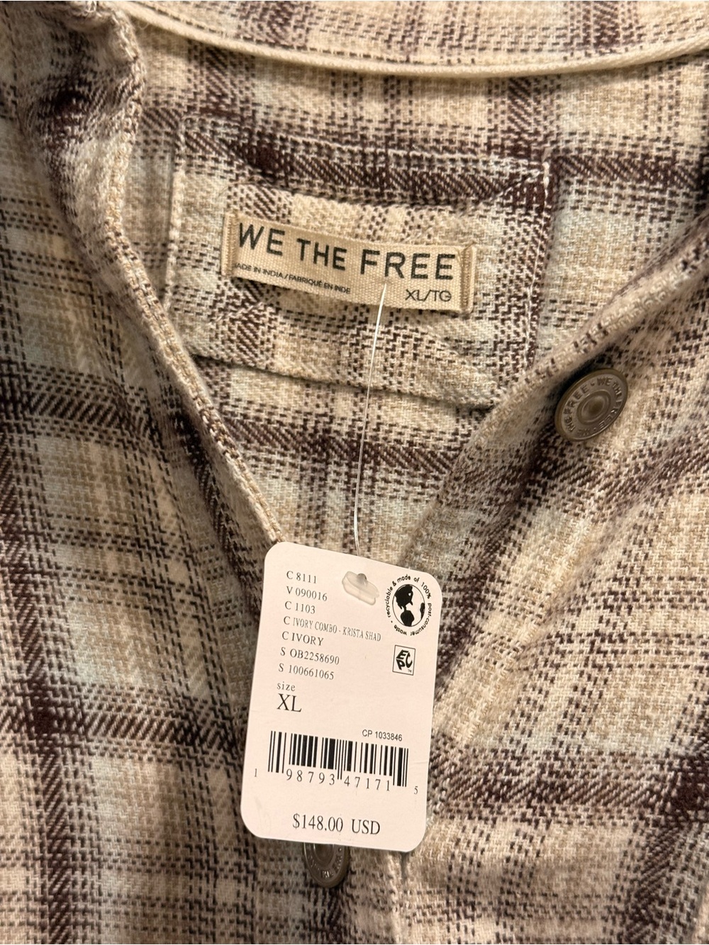 NWT We The Free Cream and Brown Plaid Button-Down Shirt Size XL - Picture 5 of 11